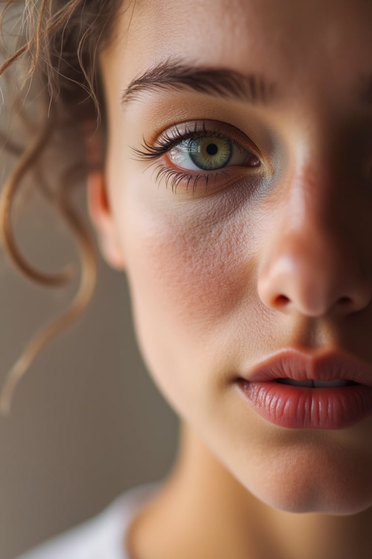 Macro photography style, shallow depth of field, close-up shot of a woman's face, sharp focus on her eyes, soft natural lighting, eyes wide open with detailed reflections, subtle facial expressions, high detail, realistic texture, indoor setting with a neutral background, vibrant skin tones, intimate composition.