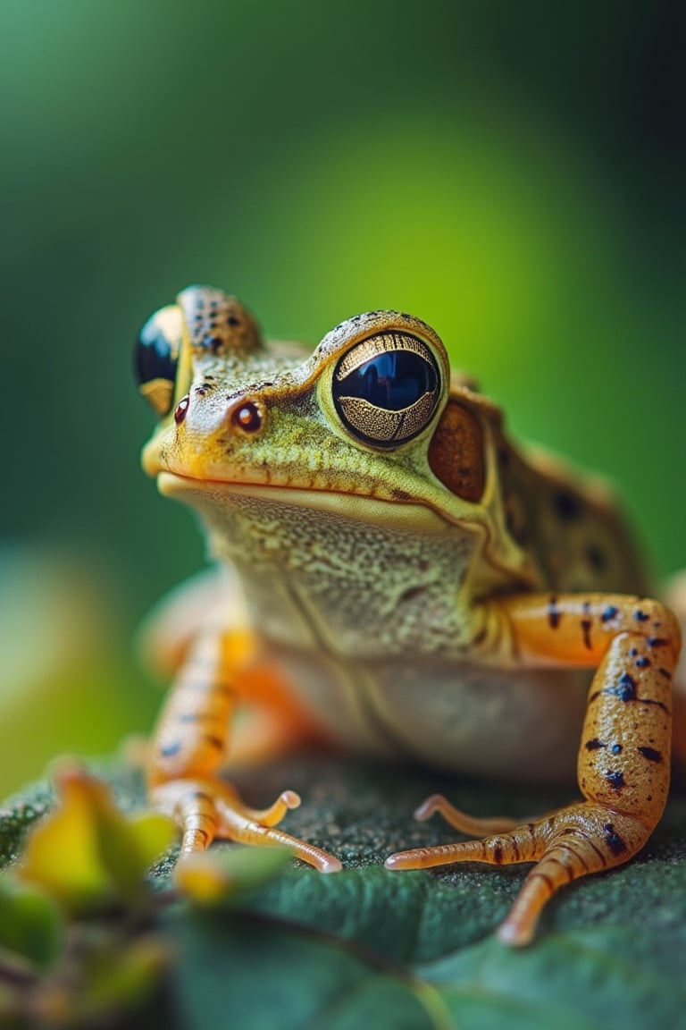 Macro photography style, shallow depth of field, close-up shot of a frog, sharp focus on its eyes and skin texture, soft natural lighting, frog in a relaxed pose, detailed patterns and colors, high detail, realistic texture, outdoor setting with a blurred background, vibrant green tones, intimate composition.