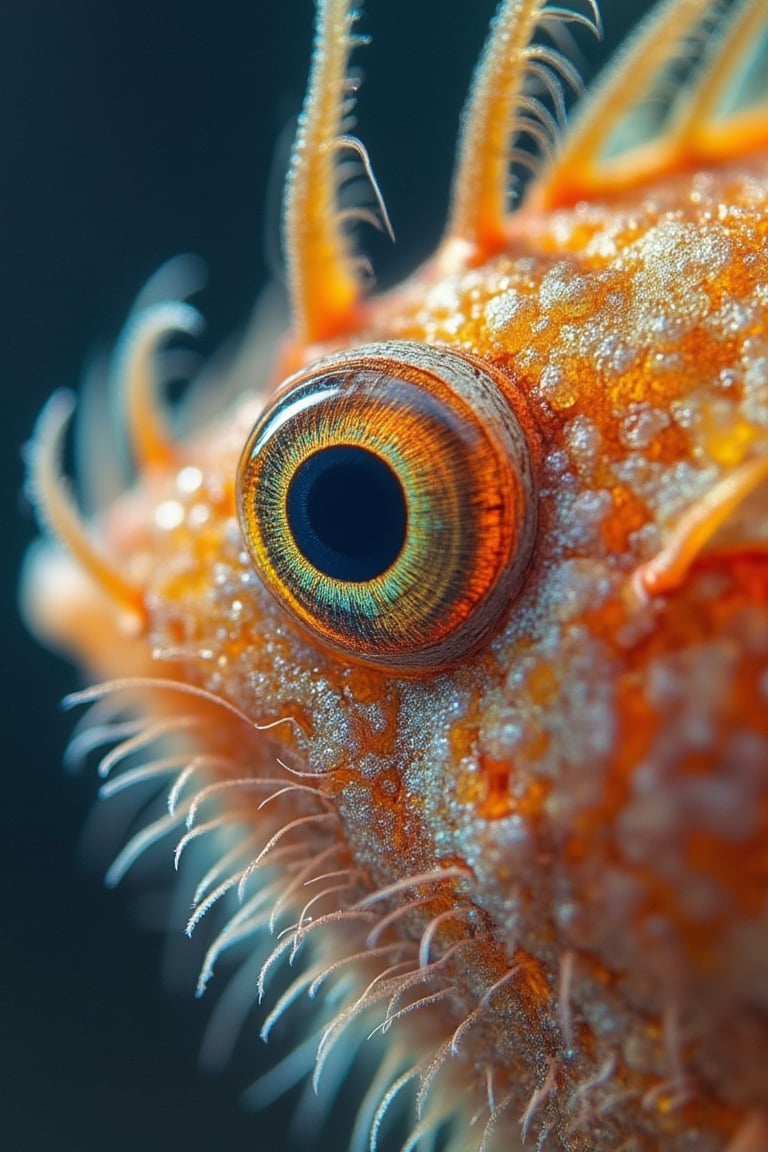 Macro photography style, shallow depth of field, close-up shot of a fish eye, sharp focus on the intricate details and patterns, soft natural lighting, eye wide open with detailed reflections, high detail, realistic texture, vibrant colors, underwater setting with a blurred background, intimate composition.