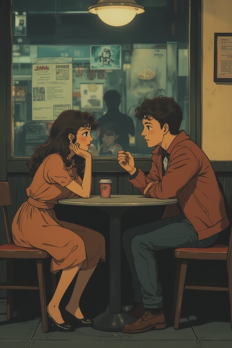 An anime scene with muted retro colors, depicting a woman and a man chatting in a cozy cafe. They sit across from each other at a small, round table, with warm, soft lighting casting a nostalgic glow. The woman wears a vintage dress, while the man sports a retro jacket. The composition captures their animated expressions and the relaxed atmosphere of the cafe, with subtle details of the decor and background patrons adding to the retro charm.