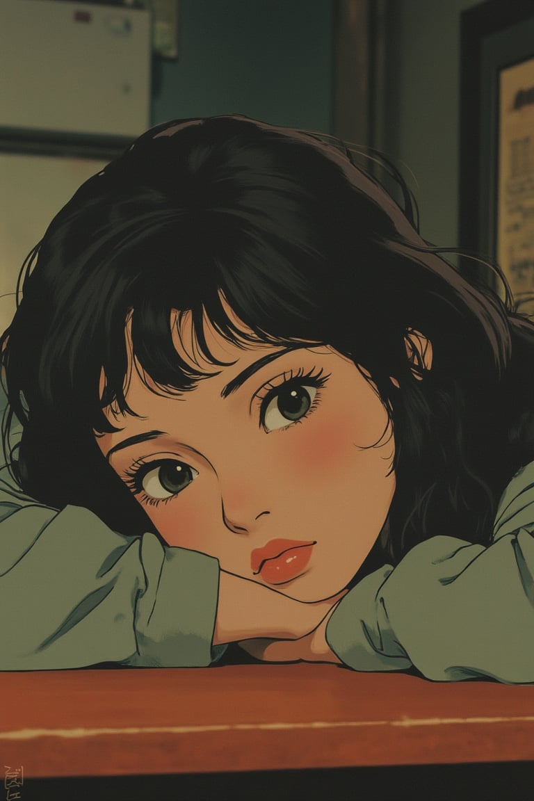 An anime woman with muted retro colors, leaning her head gently on a wooden table. The scene is softly lit with warm tones, creating a nostalgic atmosphere. The composition centers on her serene expression, with a focus on her delicate features and the subtle details of her outfit. The background is minimal, enhancing the intimate and contemplative mood.