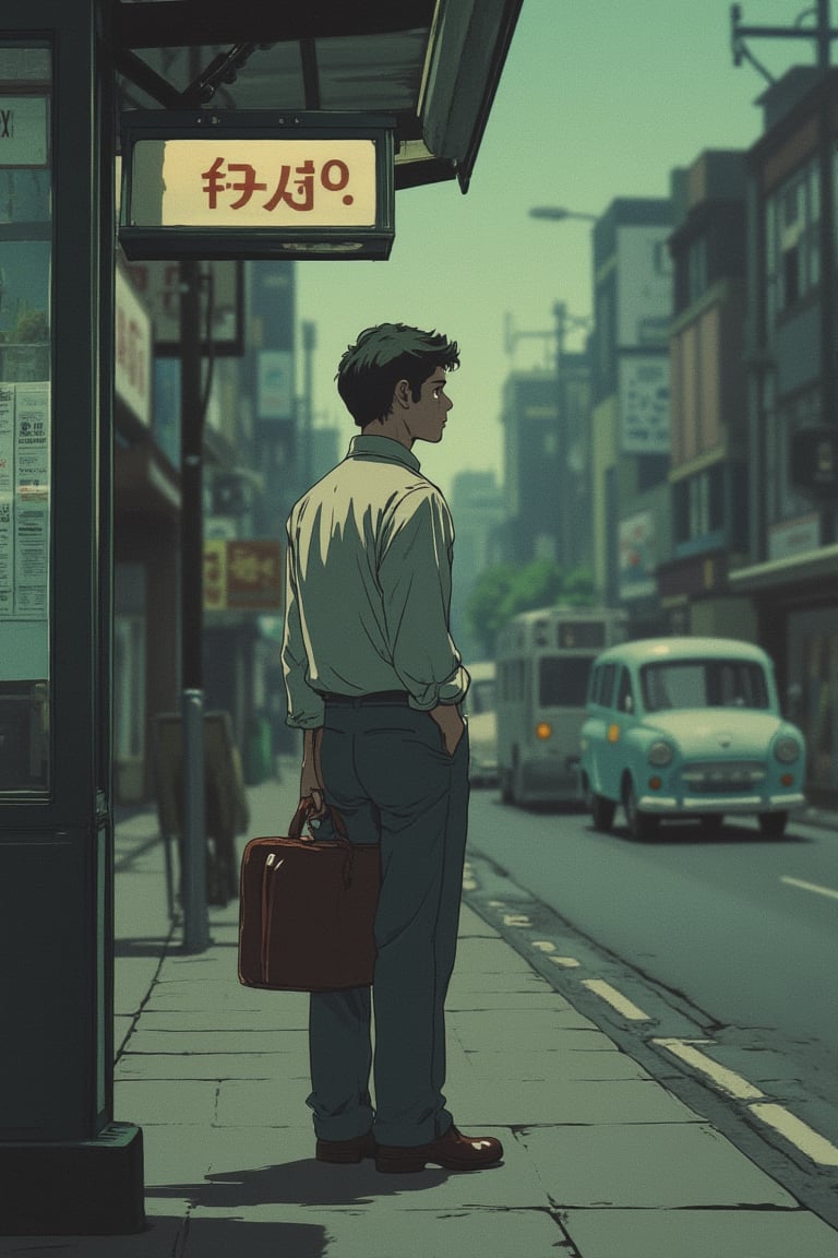 An anime scene with muted retro colors, featuring a man waiting at a bus stop in a bustling city. He stands with a casual posture, holding a briefcase, under the soft, warm lighting of the bus stop sign. The composition captures the urban environment with subtle details of vintage buildings and passing vehicles. The man's expression is contemplative, blending seamlessly with the nostalgic atmosphere of the muted retro palette.