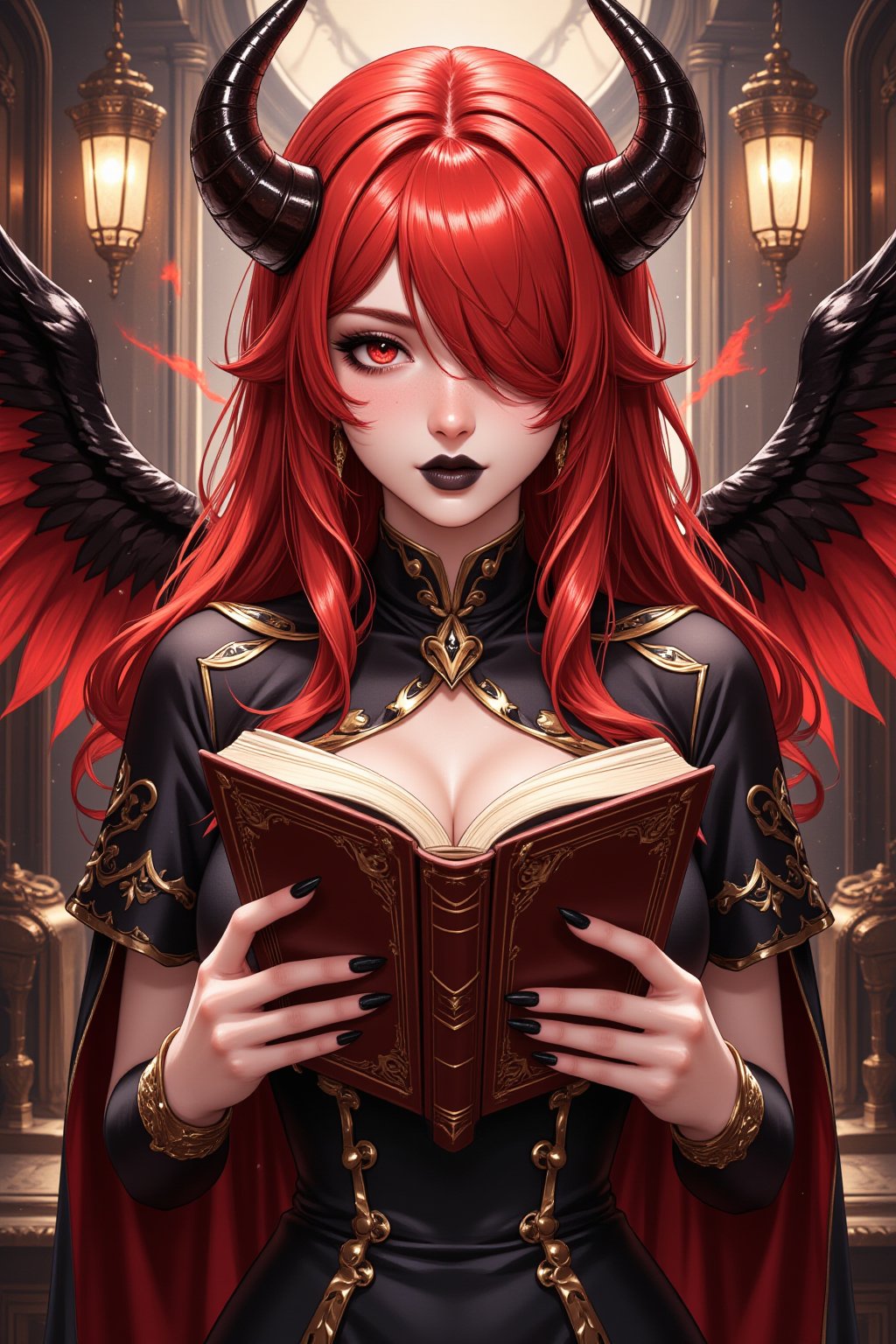 1girl, solo, symmetry, reading book, wings, red hair, red eyes, eyeshadow, hair over one eye, longlashes, high-neck dress, short sleeves, sleepy eyes, black lipstick, parted lips, cloak, explosive hair, highly detailed, best quality, freckles, golden details, house background, sfw, rating_safe, long nails, black nails, horns