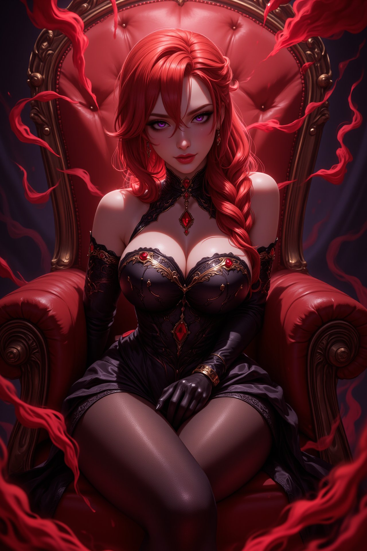 Anime style, 
detailed illustration, 8K UHD, ((from below, from side:1.4)), ((the red queen)), 1girl, solo, looking at viewer, red hair, single braided hair, hair over shoulder, ((hair between eyes)), purple eyes, big breasts, closed mouth, ((expressionless)), bare shoulder, black dress, intricate dress, red jewelry, royal dress, side cut dress, black arms sleeve, ((black pantyhose, black gloves)), cleavage cutout, sitting on throne, crossed legs, throne, dark background, overhead lighting, fantasy themed, depth of field, ((red smoke swirls around her:1.4))