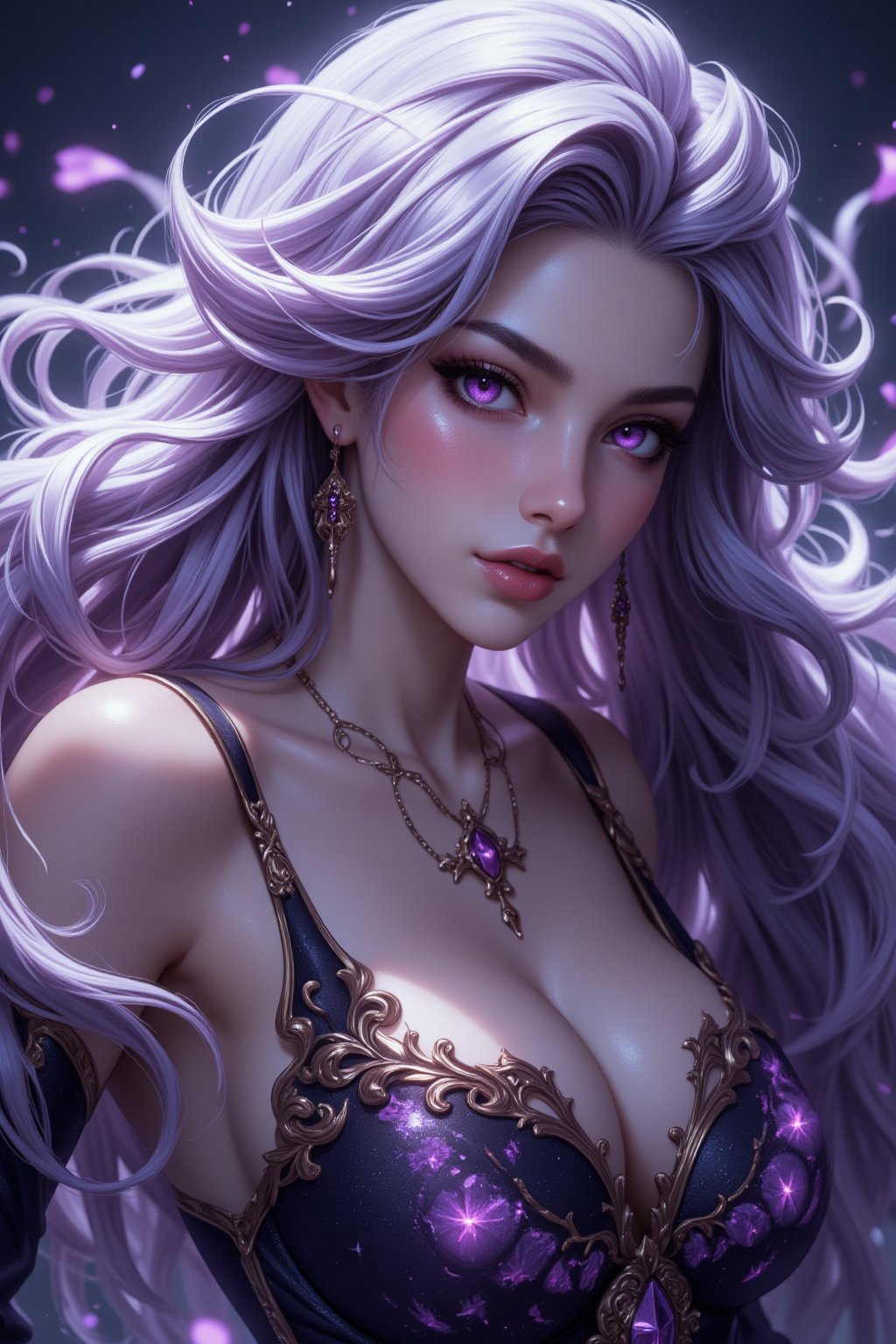 Airbrushing (Beautiful mystical allure) long swirling hair, smart, environment, Using airbrushing for art, often for smooth gradients, spray effects, or automotive art,1 girl,anime, light_purple_eyes