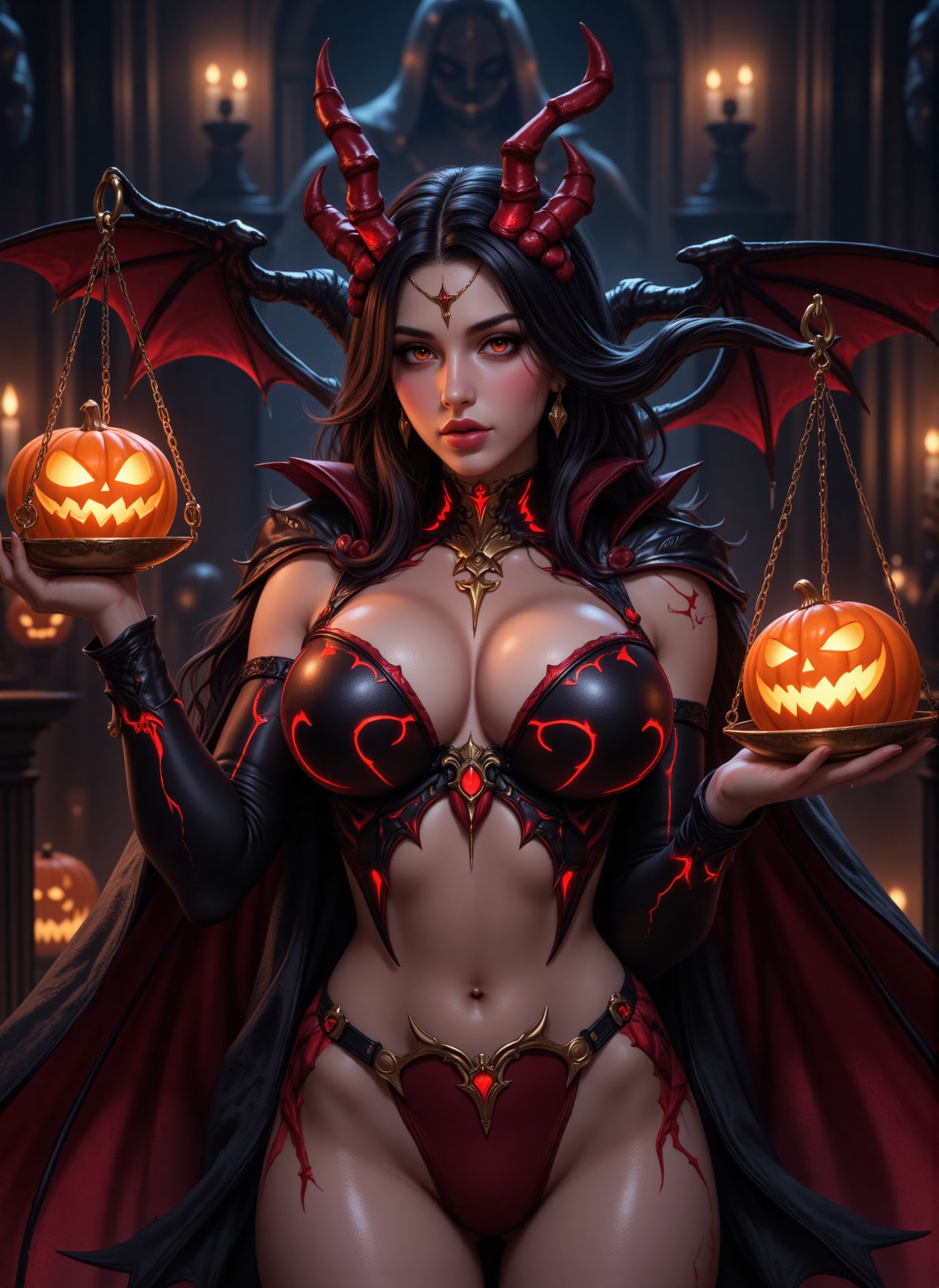 ((Nemesis)), the goddess of revenge, dressed in a sleek, Halloween-themed lingerie armor with glowing red skeletal designs. She carries a scale with glowing jack-o’-lanterns on either side, symbolizing the balance of justice and revenge. Her wings are bat-like and torn, and her background features a haunted courtroom filled with shadowy figures and flickering candles. Nemesis’s pose is authoritative and seductive, embodying the spirit of revenge and the eerie justice of Halloween night. Enhanced all, idol,Korean, Movie special effects grade style. Fantasy detailers,fantasy girl,Konami Art Style illustration, insanely detailed,a lot of details,a female ,composed of {0Objects},decorated with gorgeous patterns ,subtle shadows,cinematic light,sharp focus,detailed beautiful heart-shaped face,ultra detailed,fine details,extremely detailed,surrealism detail,[k-pop], hubg_beauty_girl,