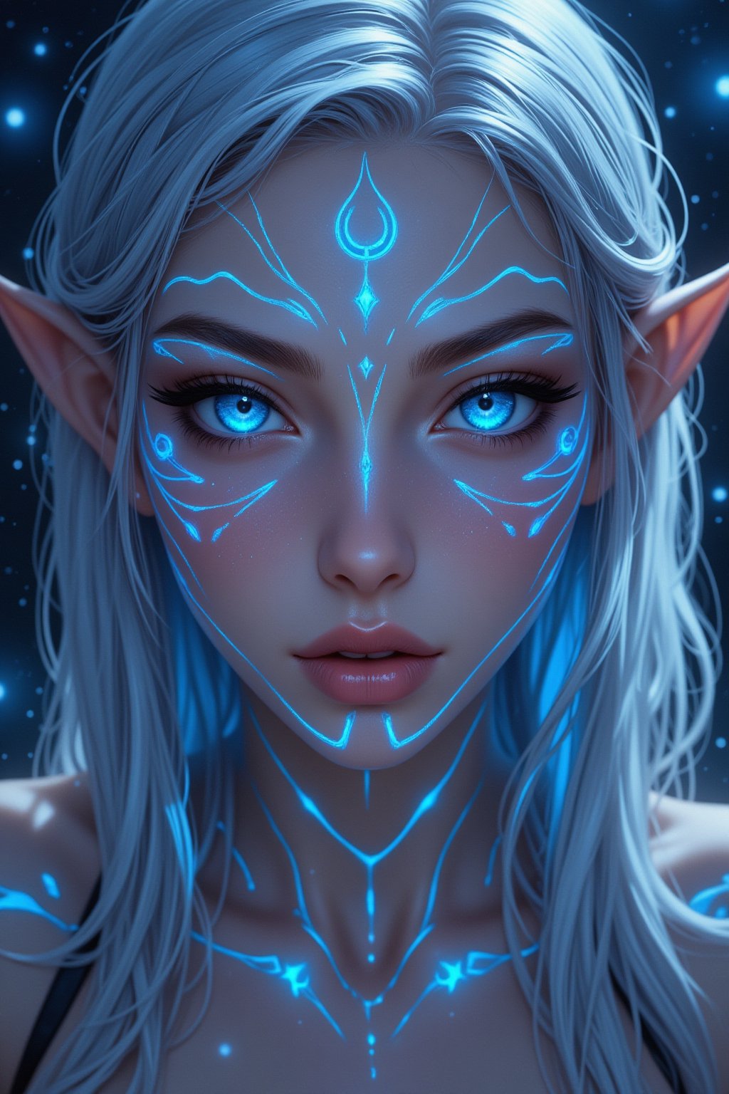 Create a close-up image of a fantasy elf’s face. Her skin glows with a soft, ethereal light and is adorned with neon tattoos that cover her face in intricate patterns. The tattoos emit a magical glow that illuminates her delicate features. Her eyes are large and bright, subtly changing between shades of blue and green, as if holding an ocean within them. Her long, silver hair frames her face, adding a touch of magic to the scene. The background features a starry sky that enhances the dreamy atmosphere , fantasy art, detail eyes, magic eyes, anime style