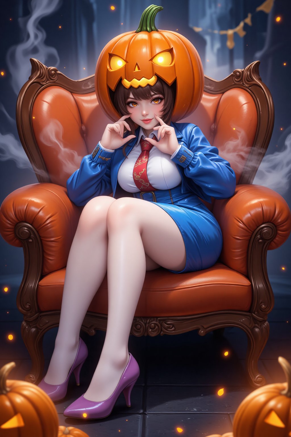 (masterpiece, best quality, very fine CG, intricate details: 1.2),breasts, huge breasts, big breasts, Pumpkinhead Girl, Halloween, smoke, traditional media, blur, glow, solo, glowing eyes, loving eyes, fire, Bald, skirt, pantyhose, sitting, high heels, jacket, full body, looking at the viewer, photo background, indoor, blue skirt, office girl, pencil skirt, blue outside, white pantyhose, shirt, brown hair, formal, long sleeves, realistic no humans, pumpkin, jack-o'-lantern, solo, halloween, simple background, food focus, pokemon (creature)