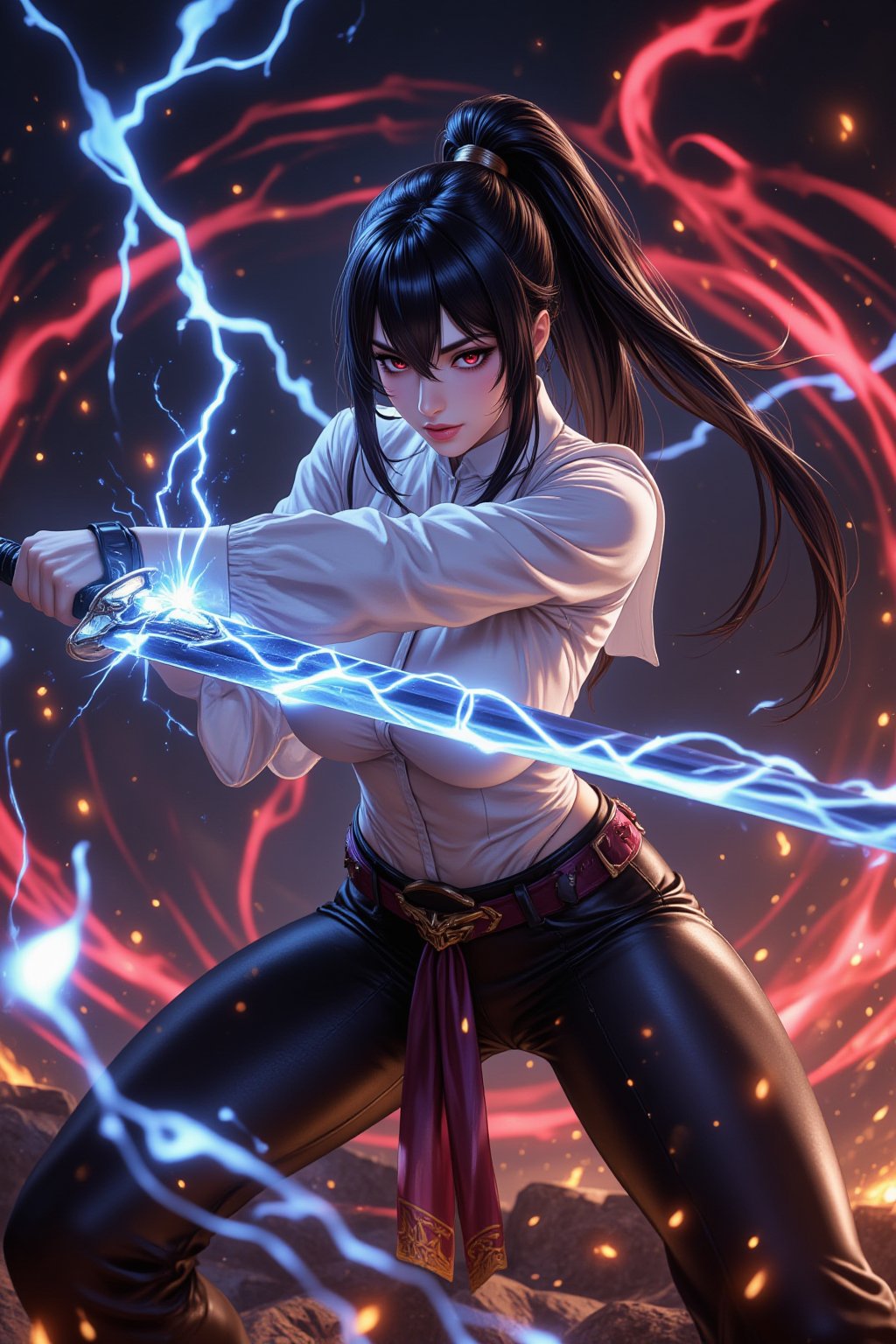 A beautiful female warrior in black pants and a white blouse wields a katana with flashing blue electricity at the audience. 
Sparks, embers, and electricity erupt around her in a dim and blurry background, and swirls of dark red magic explode and fly in response. Anime Style, 
She has a long black ponytail and angled bangs that hide the glow of her red eyes.
High contrast and saturated colors. The cool colors of the character's body and the warm colors of the background create a strong visual impact.