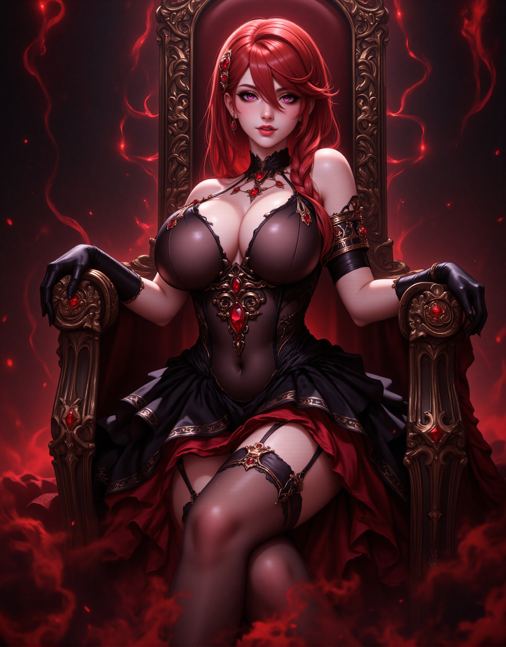 Anime style, Halloween theme.
Detailed Illustration, 8K UHD, (((from below, from side:1.4))), ((red queen)), 1 girl, single, looking at viewer, red hair, single braid of hair, hair draped over shoulder, ((hair between eyes)), violet eyes, devilish grin, bare shoulders, black dress, intricate dress, red jewellery, royal gown, side cut-out gown, black Arm Sleeves, ((Black Pantyhose, Black Gloves)), Cleavage Cutout, Sitting on a Throne, Crossed Legs, Throne, Dark Background, Overhead Lights, Fantasy Halloween Theme, Depth of Field, ((Red Smoke Swirls Around Her: 1.4))