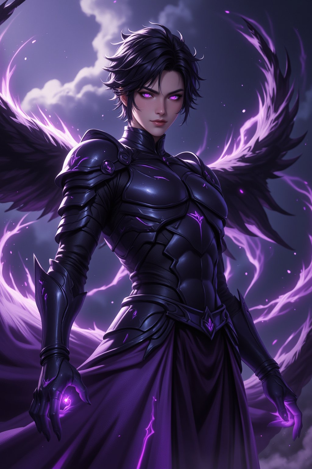 Iconic anime title image of (sung jin woo), the shadow monarch, Solo Leveling, shadows erupting from his body, dark armour, short hair, purple glowing eyes, dark smoky effects, (action pose), ((detailed face and eyes)), ((detailed hands and fingers)), perfect image, best quality, best image, masterpiece, UHD, 16K.