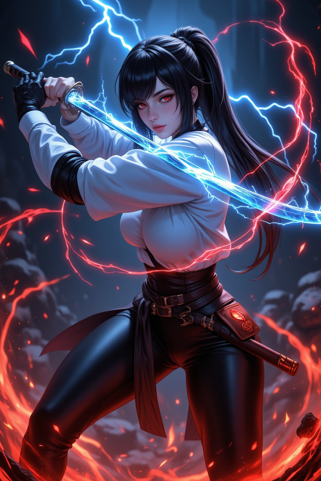 A beautiful female warrior in black pants and a white blouse wields a katana with flashing blue electricity at the audience. 
Sparks, embers, and electricity erupt around her in a dim and blurry background, and swirls of dark red magic explode and fly in response. Anime Style, 
She has a long black ponytail and angled bangs that hide the glow of her red eyes.
High contrast and saturated colors. The cool colors of the character's body and the warm colors of the background create a strong visual impact.