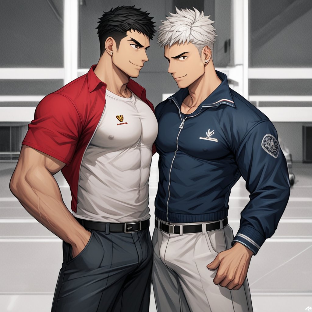 score_9, score_8_up, score_7_up, score_6_up, score_5_up, score_4_up, source_anime, detailed background, perfect proportion, perfect anatomy, high res, (zPDXL3), negative_hand, gorok
BREAK, 
male focus, bara, 2boys, bara,muscular male, short hair, different hairstyle, smile, student uniform, campus background