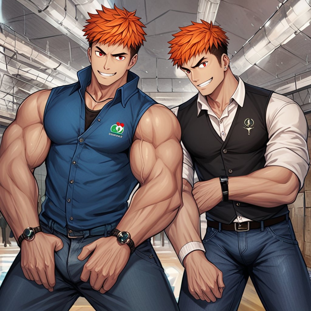 score_9, score_8_up, score_7_up, score_6_up, score_5_up, score_4_up, source_anime, detailed background, perfect proportion, perfect anatomy, high res, (zPDXL3), negative_hand, 
BREAK, 
male focus, bara, 2boys, bara,muscular male, short hair, orange hair, sideburn, red eyes,  smile, pectorals, hairy male, clothed, jeans, vest, campus, gorok