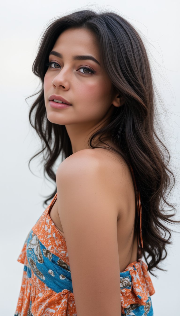 a young woman with long dark brown hair, beautiful young woman wearing sundress, white background