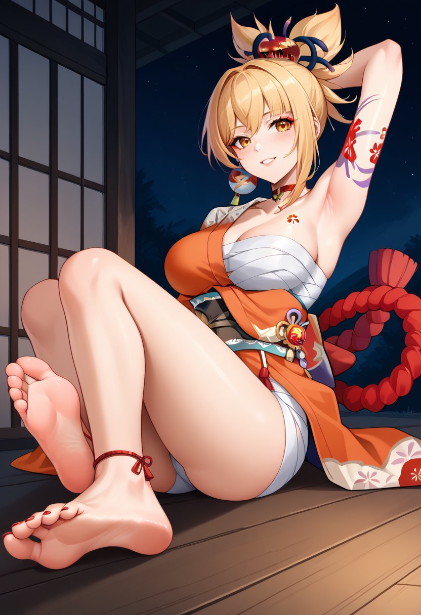 score_9, score_8_up, score_7_up, source_anime, YoimiyaGI, blonde hair, ponytail, hair ornament, asymmetrical sidelocks, yellow eyes, arm tattoo, chest tattoo, flower tattoo, red choker, orange kimono, japanese clothes, hadanugi dousa, cleavage, shimenawa, rope, obi, sash, bandaged arm, bandages, sarashi, chest sarashi, black glove, single fingerless glove, 1girl, solo, looking at viewer, large breasts, sitting, collarbone, barefoot, armpits, nail polish, arm up, feet, toes, soles, red nails, arm behind head, toenails, toenail polish