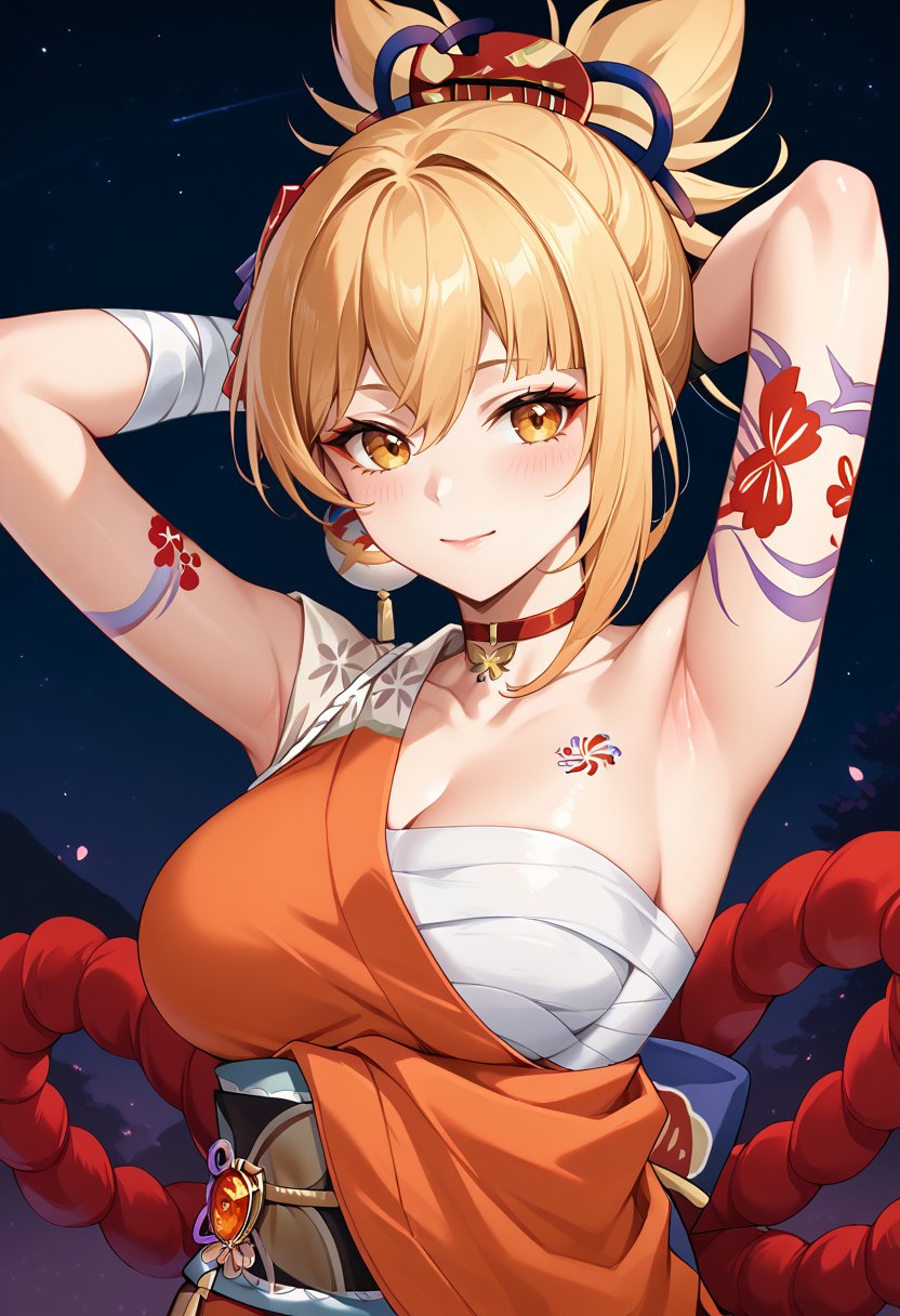 score_9, score_8_up, score_7_up, source_anime, YoimiyaGI, blonde hair, ponytail, hair ornament, asymmetrical sidelocks, yellow eyes, arm tattoo, chest tattoo, flower tattoo, red choker, orange kimono, japanese clothes, hadanugi dousa, cleavage, shimenawa, rope, obi, sash, bandaged arm, bandages, sarashi, chest sarashi, black glove, single fingerless glove, 1girl, solo, looking at viewer, hair between eyes, large breasts, closed mouth, collarbone, upper body, armpits, arms up, arms behind head, presenting armpit