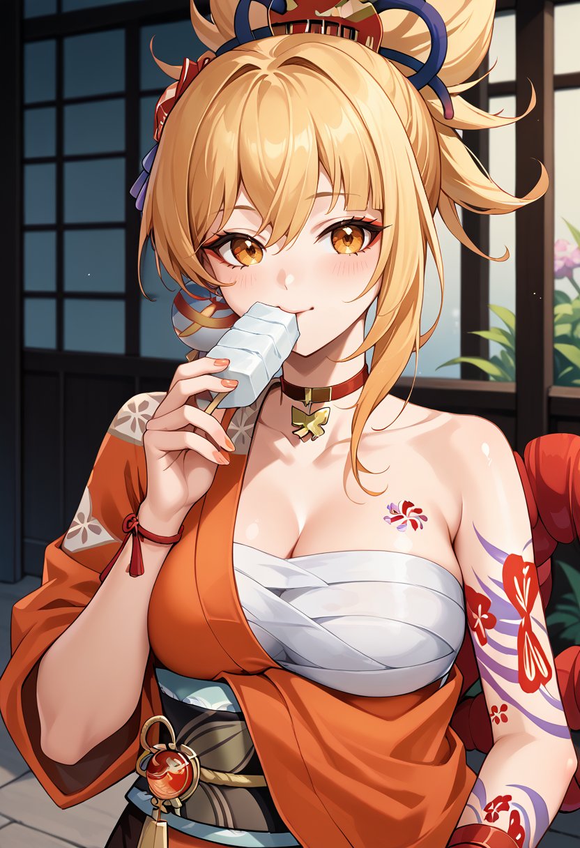 score_9, score_8_up, score_7_up, source_anime, YoimiyaGI, blonde hair, ponytail, hair ornament, asymmetrical sidelocks, yellow eyes, arm tattoo, chest tattoo, flower tattoo, red choker, orange kimono, japanese clothes, hadanugi dousa, cleavage, shimenawa, rope, obi, sash, bandaged arm, bandages, sarashi, chest sarashi, black glove, single fingerless glove, 1girl, solo, looking at viewer, large breasts, bare shoulders, eating, holding food, upper body