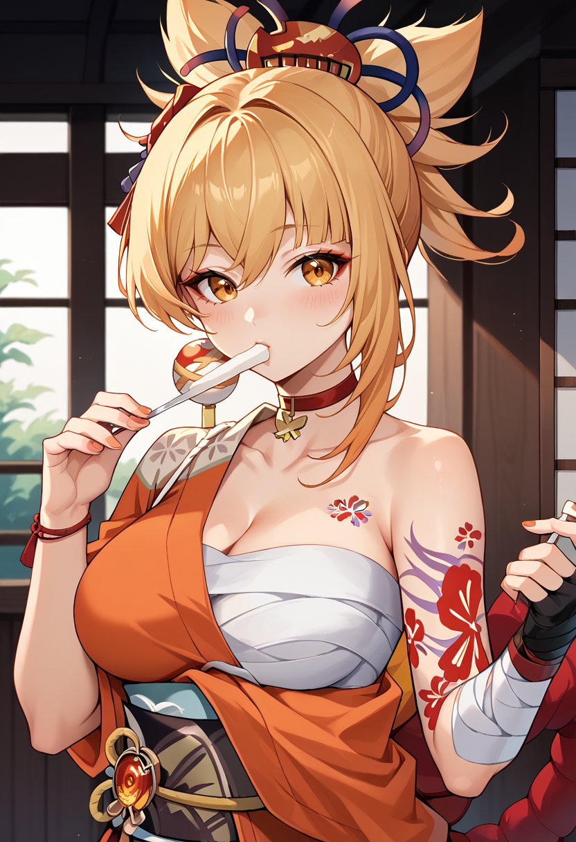 score_9, score_8_up, score_7_up, source_anime, YoimiyaGI, blonde hair, ponytail, hair ornament, asymmetrical sidelocks, yellow eyes, arm tattoo, chest tattoo, flower tattoo, red choker, orange kimono, japanese clothes, hadanugi dousa, cleavage, shimenawa, rope, obi, sash, bandaged arm, bandages, sarashi, chest sarashi, black glove, single fingerless glove, 1girl, solo, looking at viewer, large breasts, bare shoulders, eating, holding food, upper body