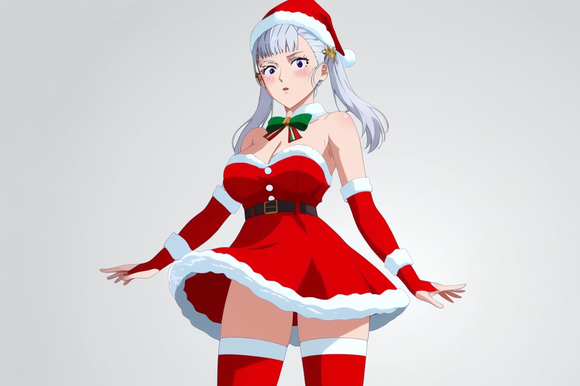 score_9_up, score_8_up, score_7_up, BREAK, source_anime, anime screencap,
Masterpiece, best quality, high quality, highres, 4k, 
1girl, solo, Noelle silva, long silver hair, twintails, purple eyes, cleavage,

Outfit 2:
Outfit 2, Christmas outfit, santa outfit, santa hat, white fur trim, strapless red dress, belt, red stockings, thighhighs, red bridal gauntlets, sleeveless, white fur buttons,

Cowboy shot, 

, ((White background blank background)):1.4,Outfit 1