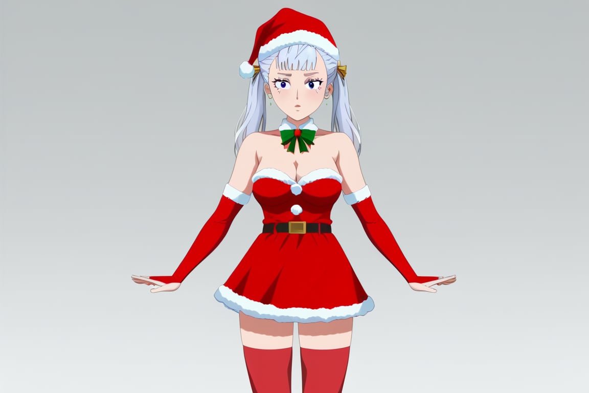 score_9_up, score_8_up, score_7_up, BREAK, source_anime, anime screencap,
Masterpiece, best quality, high quality, highres, 4k, 
1girl, solo, Noelle silva, long silver hair, twintails, purple eyes, cleavage,

Outfit 2:
Outfit 2, Christmas outfit, santa outfit, santa hat, white fur tim, strapless red dress, belt, red stockings, thighhighs, red bridal gauntlets, sleeveless,

Cowboy shot, 

, ((White background blank background)):1.4,Outfit 1