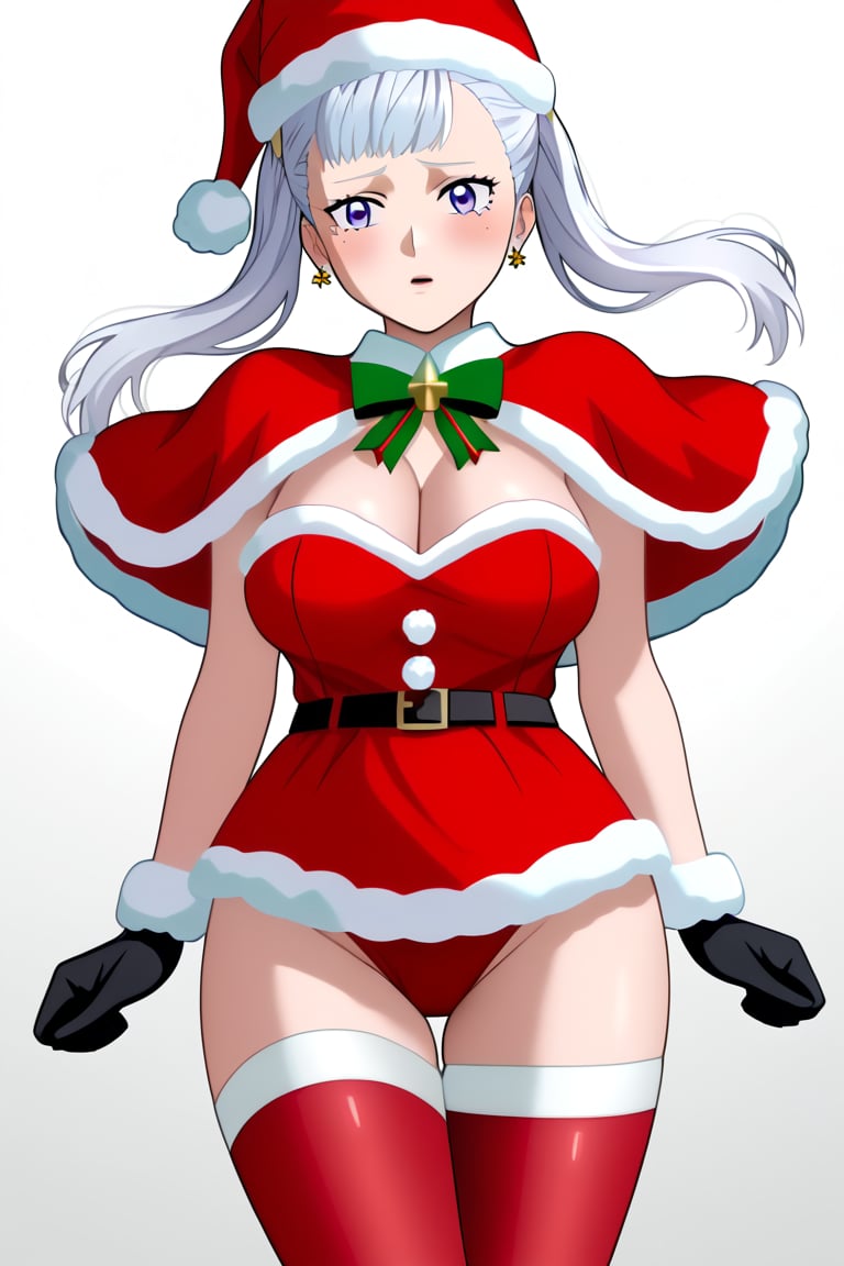 score_9_up, score_8_up, score_7_up, BREAK, source_anime, anime screencap,
Masterpiece, best quality, high quality, highres, 4k, 
1girl, solo, Noelle silva, long silver hair, twintails, purple eyes, cleavage,

Outfit 1:
Outfit 1, Christmas outfit, santa outfit, santa hat, white fur tim, strapless red dress, belt, red stockings, thighhighs, black gloves, red capelet, 



, ((White background blank background)):1.4,Outfit 2