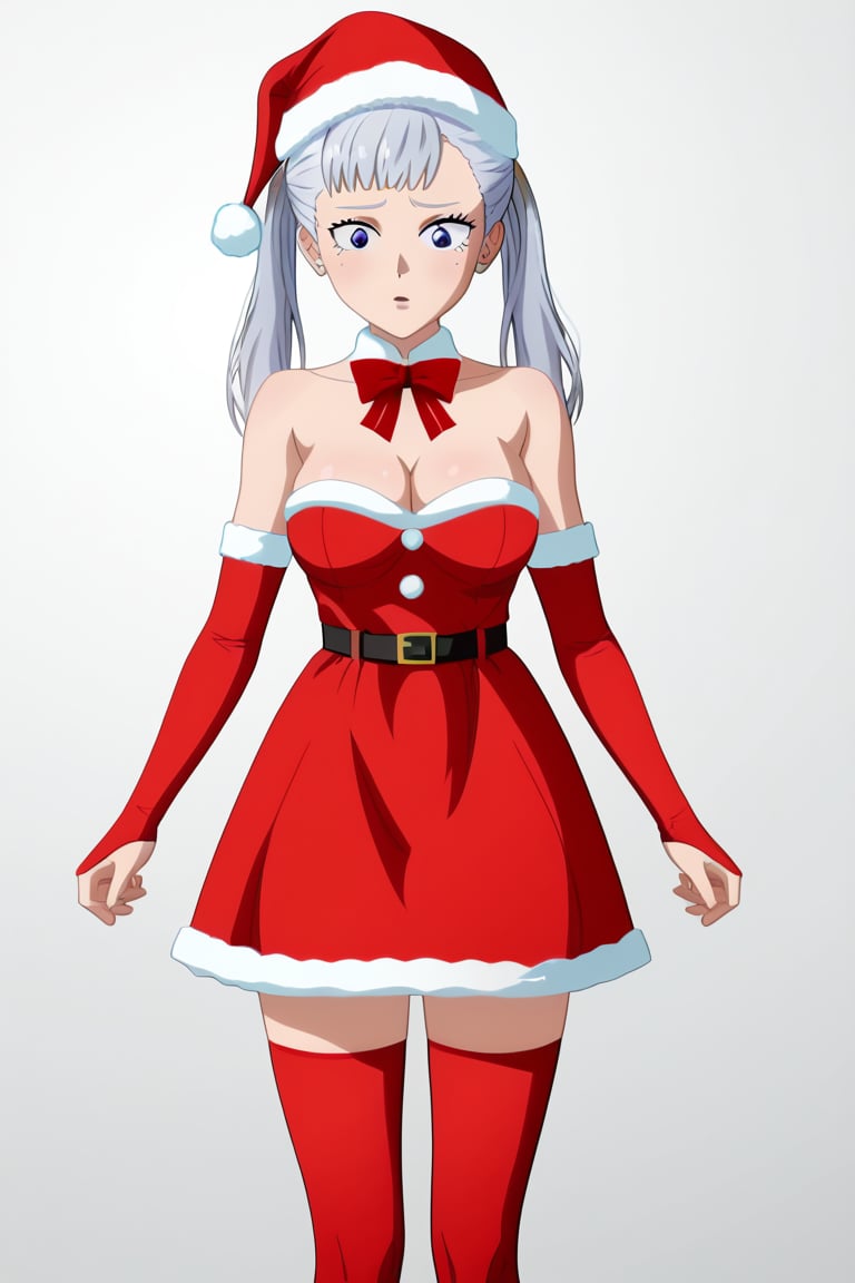 score_9_up, score_8_up, score_7_up, BREAK, source_anime, anime screencap,
Masterpiece, best quality, high quality, highres, 4k, 
1girl, solo, Noelle silva, long silver hair, twintails, purple eyes, cleavage,

Outfit 2:
Outfit 2, Christmas outfit, santa outfit, santa hat, white fur tim, strapless red dress, belt, red stockings, thighhighs, red bridal gauntlets, sleeveless,

Cowboy shot, 

, ((White background blank background)):1.4,Outfit 1