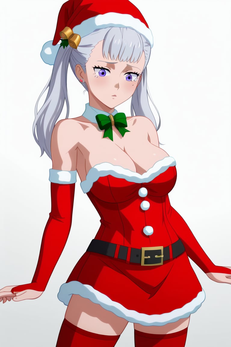 score_9_up, score_8_up, score_7_up, BREAK, source_anime, anime screencap,
Masterpiece, best quality, high quality, highres, 4k, 
1girl, solo, Noelle silva, long silver hair, twintails, purple eyes, cleavage,

Outfit 2:
Outfit 2, Christmas outfit, santa outfit, santa hat, white fur tim, strapless red dress, belt, red stockings, thighhighs, red bridal gauntlets,

Cowboy shot, 

, ((White background blank background)):1.4,Outfit 1