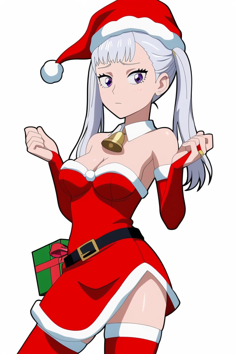 score_9_up, score_8_up, score_7_up, BREAK, source_anime, anime screencap,
Masterpiece, best quality, high quality, highres, 4k, 
1girl, solo, Noelle silva, long silver hair, twintails, purple eyes, cleavage,

Outfit 2:
Outfit 2, Christmas outfit, santa outfit, santa hat, white fur tim, strapless red dress, belt, red stockings, thighhighs, red bridal gauntlets, sleeveless,

Cowboy shot, 

, ((White background blank background)):1.4,Outfit 1