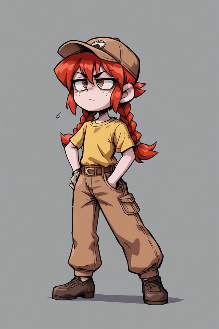 Improve the detail, texture, quality, and color of your photos and illustrations while minimizing the effect on the composition,

1 girl, redhead, two braids, freckles, yellow shirt, brown belt, khaki pants, khaki cap, brown eyes, red hair,

Cartoon-Anime Style, Ultra Detailed Cartoon-Anime Style, Cel-Shaded,Anime-Cartoon Style,Detailed Anime-Cartoon Style