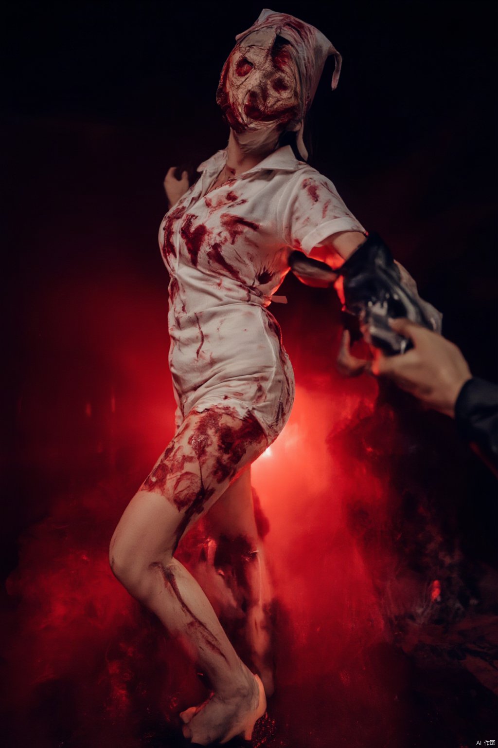 Silent Hill Nurse\(hubggirl)\, 
a zombie is captured in a vibrant red and white photo. The zombie is dressed in a white t-shirt and white shorts, adorned with red splotches of blood. His arms are stretched out to the sides, adding a touch of balance to the scene. The background is a stark black, creating a stark contrast to the zombie's costume. To the right of the zombie, a person's hand can be seen.