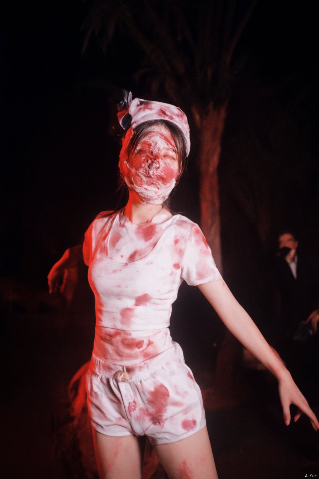 Silent Hill Nurse\(hubggirl)\, 
a zombie is captured in a vibrant red and white photo. The zombie is dressed in a white t-shirt and white shorts, adorned with red splotches of blood. His arms are stretched out to the sides, adding a touch of balance to the scene. The background is a stark black, creating a stark contrast to the zombie's costume. To the right of the zombie, a person's hand can be seen.