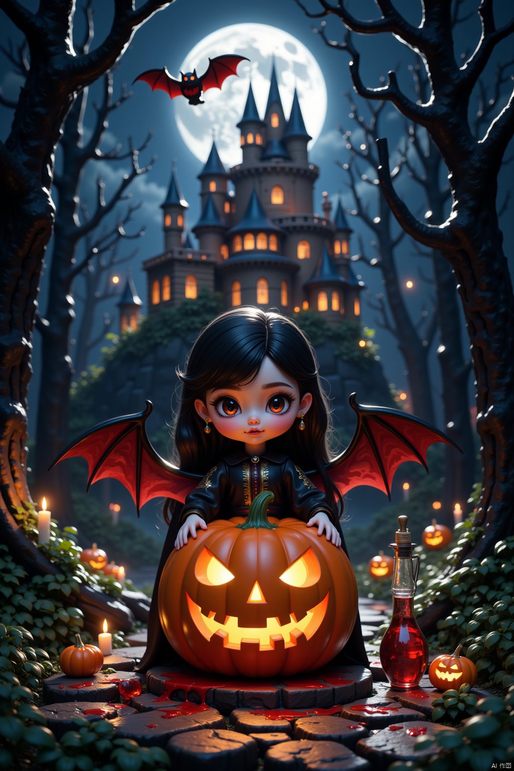 Halloween,3D doll, Terrifying pumpkin, bat wings, castle under moonlight, mysterious forest, witch magic potion,