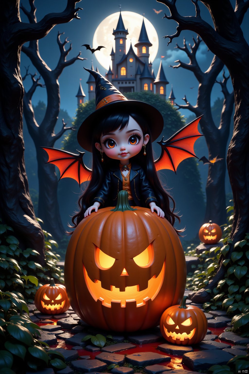 Halloween,3D doll, Terrifying pumpkin, bat wings, castle under moonlight, mysterious forest, witch magic potion,