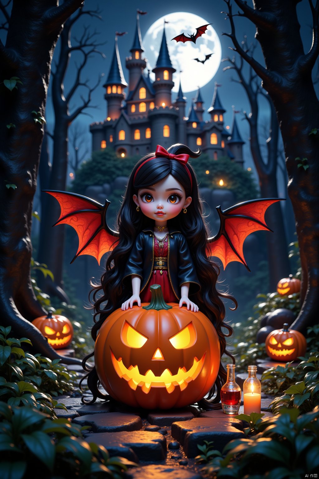 Halloween,3D doll, Terrifying pumpkin, bat wings, castle under moonlight, mysterious forest, witch magic potion,