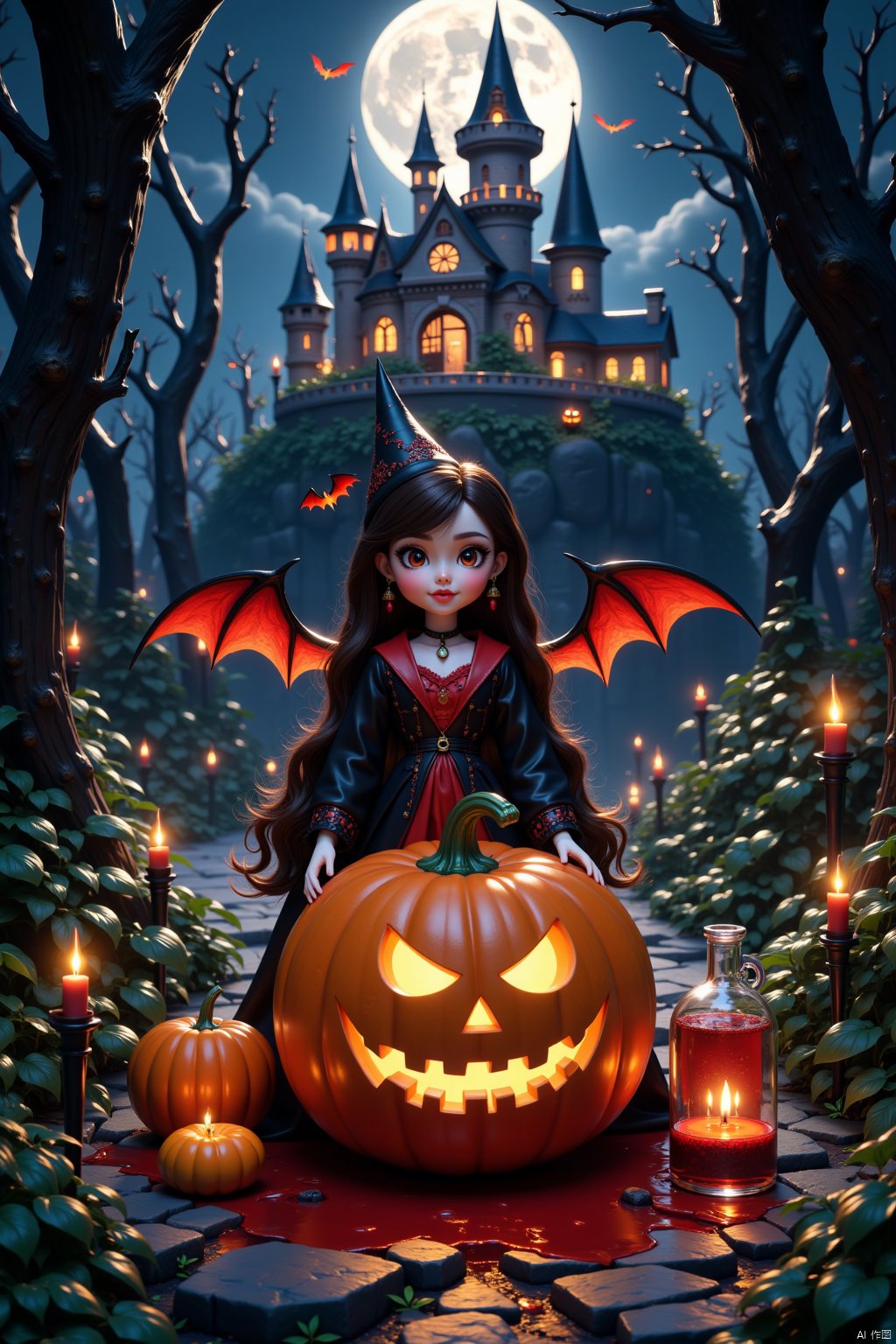 Halloween,3D doll, Terrifying pumpkin, bat wings, castle under moonlight, mysterious forest, witch magic potion,