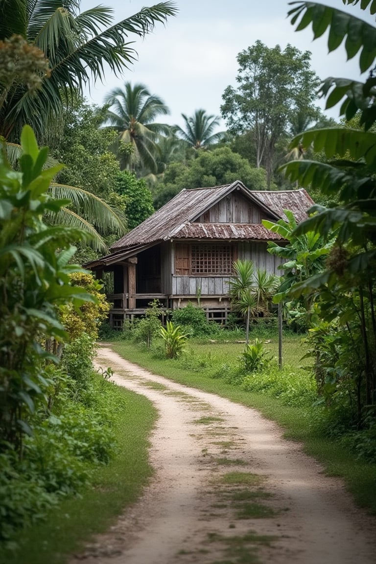 A serene scene unfolds as a traditional Malay house stands majestically on a meandering dirt path, surrounded by vibrant greenery that seems to burst forth from the earth. The rustic path snakes its way through lush foliage, with dense vegetation framing the wooden structure's weathered facade.,peribadi