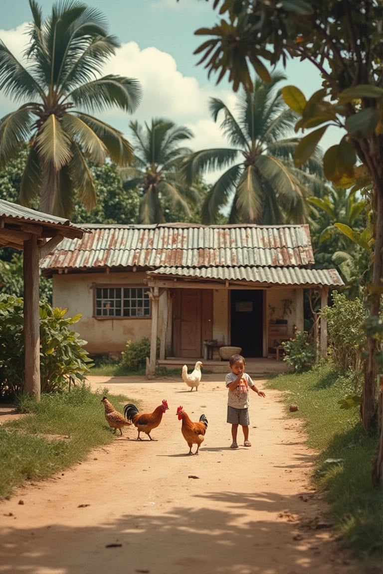 A warm and inviting scene unfolds: a young boy plays carefree in the yard near his humble home. A scattering of chickens, including a proud rooster, peck at the earth amidst the lush canopy of a palm tree. The rustic house with corrugated iron roof blends harmoniously into the natural surroundings. A dirt path meanders through the scene, lined with vibrant greenery and a few scattered leaves.,peribadi