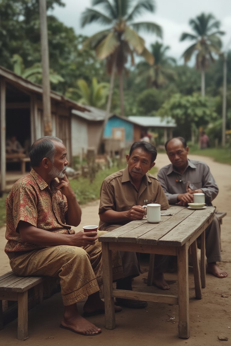 Malay men drink coffee at warong, background malay village,peribadi