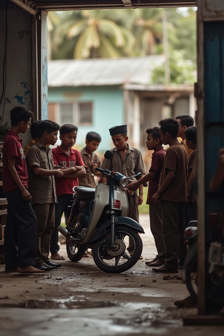 A group of Malay young men gathered around a repair shop, intently watching as a mechanic expertly fixes a damaged motorcycle. The scene is framed by the open garage door, with the morning sunlight casting a warm glow on the bustling workshop. The boys' faces are lit up with curiosity and excitement, their postures relaxed as they lean against the walls, listening to the mechanic's explanations.,peribadi