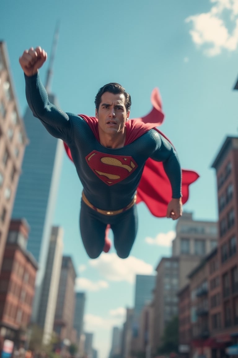 Superman soaring through a bright blue sky, his iconic red and blue suit glistening in the sunlight. With cape streaming behind him, he's in mid-flight, fists clenched as he saves the day. Cityscape blurred in the background, the Daily Planet building stands tall, with citizens looking up in awe. Superman's determined expression commands attention, his super strength radiating from every muscle.,peribadi