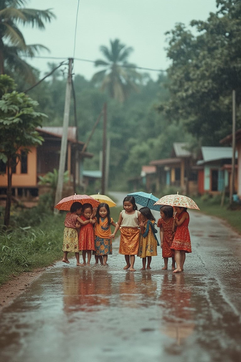 A nostalgic scene unfolds in a Malay village in the year 1980. A torrential downpour (banjir) sweeps through the kampung, causing residents to seek shelter under colorful umbrellas and worn-out awnings. The rain-soaked streets glisten like polished marble, reflecting the vibrant hues of the community's wooden houses. Amidst the chaos, a group of children giggle and splash in the puddles, their bright batik dresses fluttering with each step.,peribadi