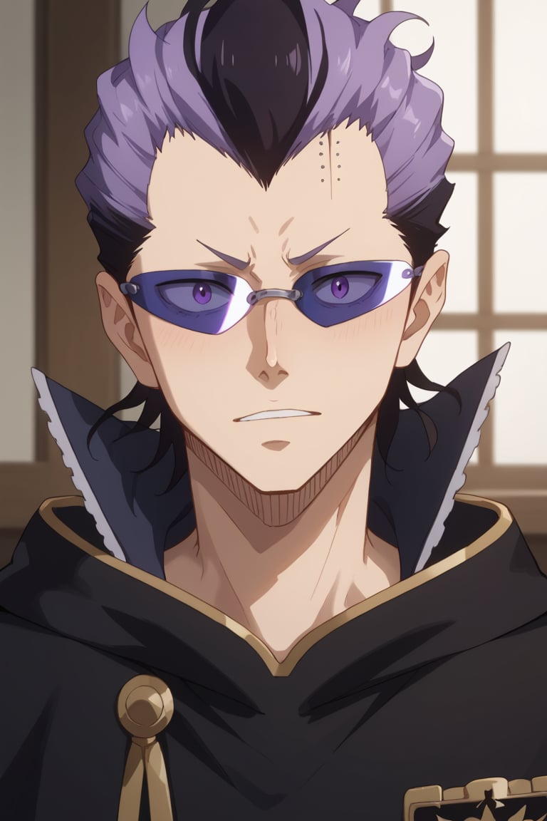 score_9, score_8_up, score_7_up, score_6_up, score_5_up, score_4_up, source_anime, Expressiveh, male focus, solo, mature male, upper body, looking at viewer, 1boy, two-tone hair, black and purple hair, black hair, purple hair,  multicolored hair,  hair slicked back, sunglasses