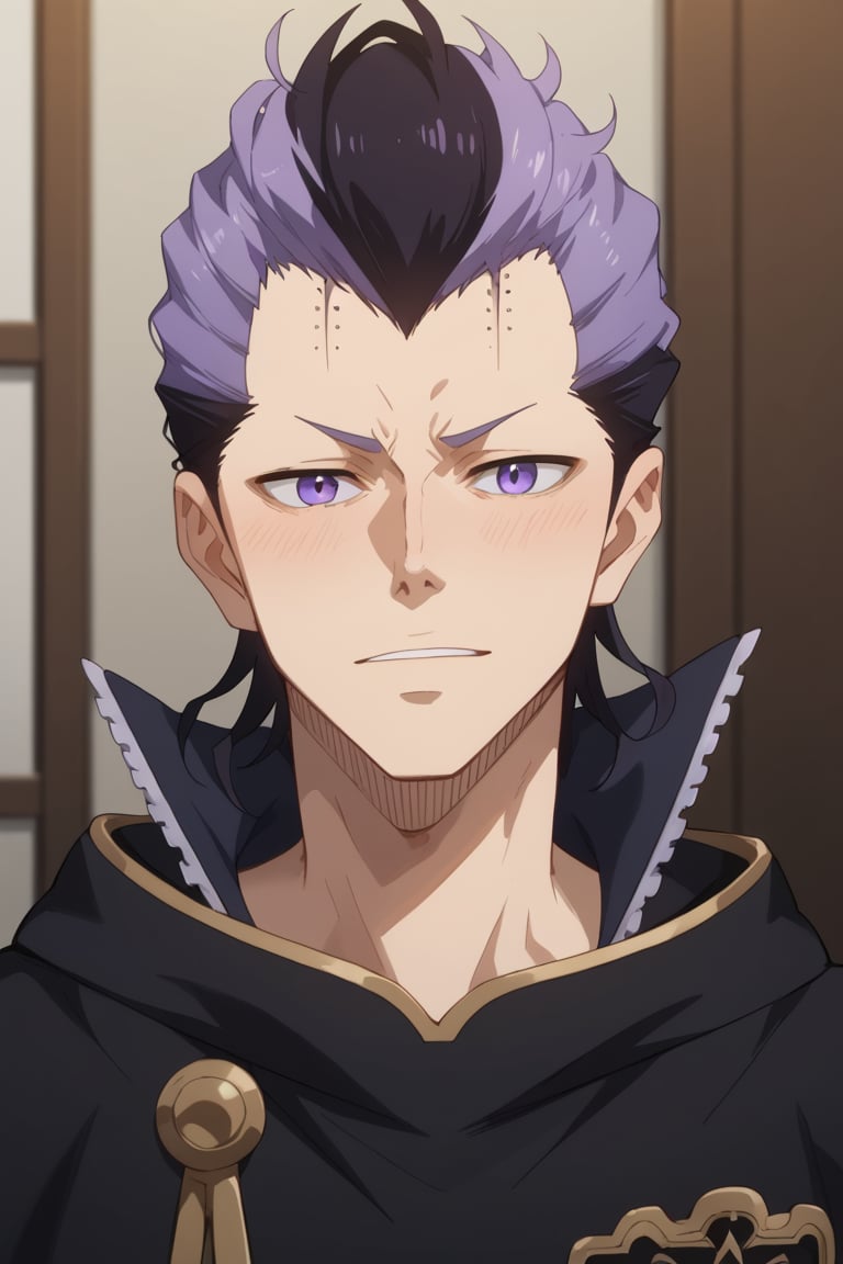 score_9, score_8_up, score_7_up, score_6_up, score_5_up, score_4_up, source_anime, Expressiveh, male focus, solo, mature male, upper body, looking at viewer, 1boy, two-tone hair, black and purple hair, black hair, purple hair,  multicolored hair,  hair slicked back