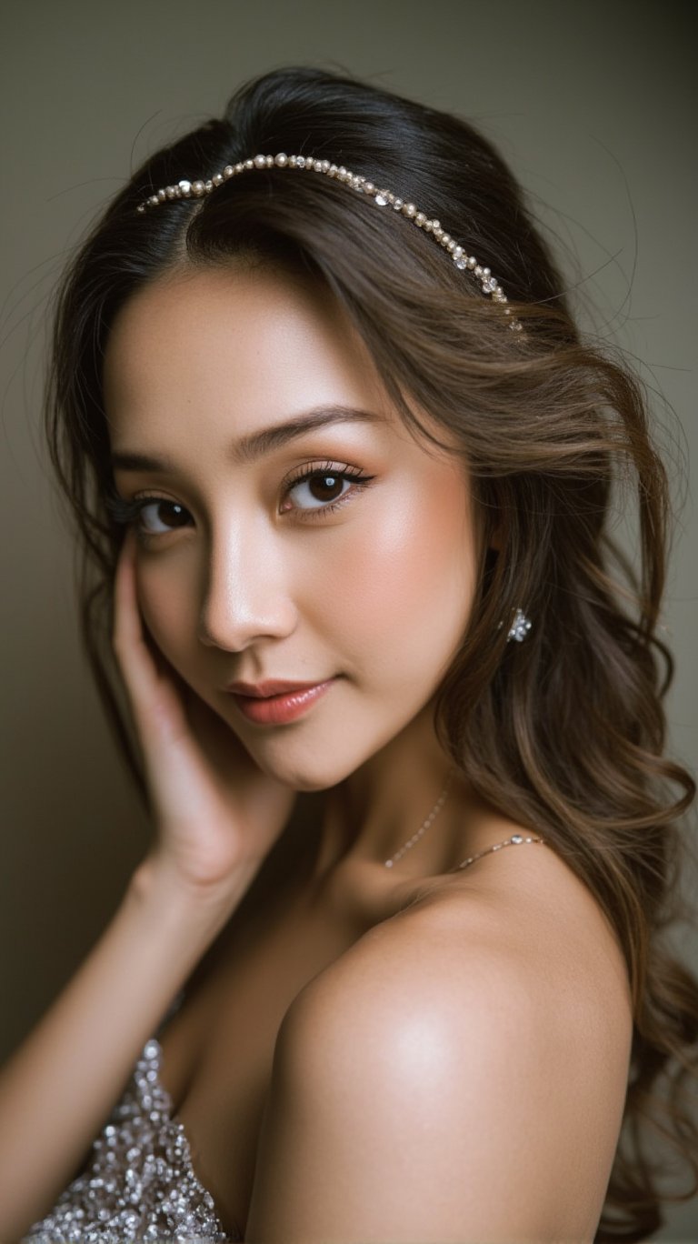 A young woman with luscious brown locks cascading down her back, adorned with a hairband and delicate earrings. Her brown eyes sparkle like chestnuts as she gazes directly at the viewer, a warm smile spreading across her lips painted with a hint of lipstick. Freckles scattered across her cheeks add to her charm. She wears a stunning dress that complements her porcelain skin, and a flower adorns her hair, completing her effortless beauty.