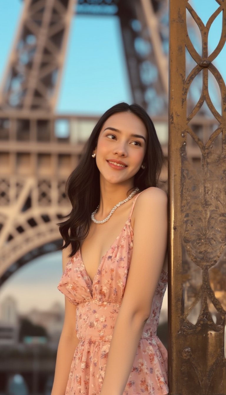 A young woman in a flowy sundress poses against the iconic Eiffel Tower's iron latticework in Paris' golden afternoon light. Soft pastel hues of pink and orange dance across her smiling face as she gazes up at the tower's majestic silhouette. A delicate string of pearls adorns her neck, complementing the dress's subtle floral pattern.