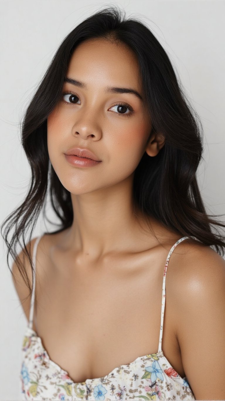 a young woman with long dark brown hair, beautiful young woman wearing sundress, white background