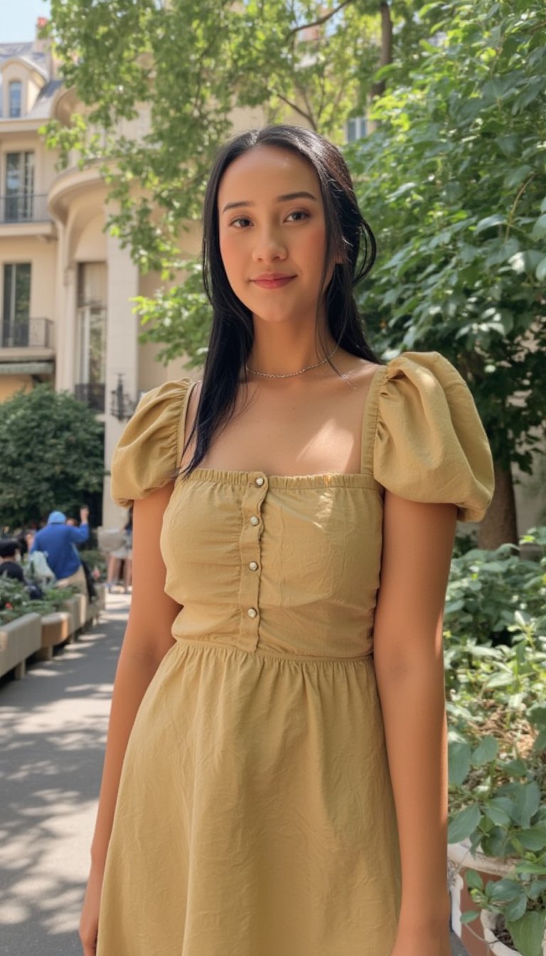 a young woman wearing sundress on afternoon, paris 