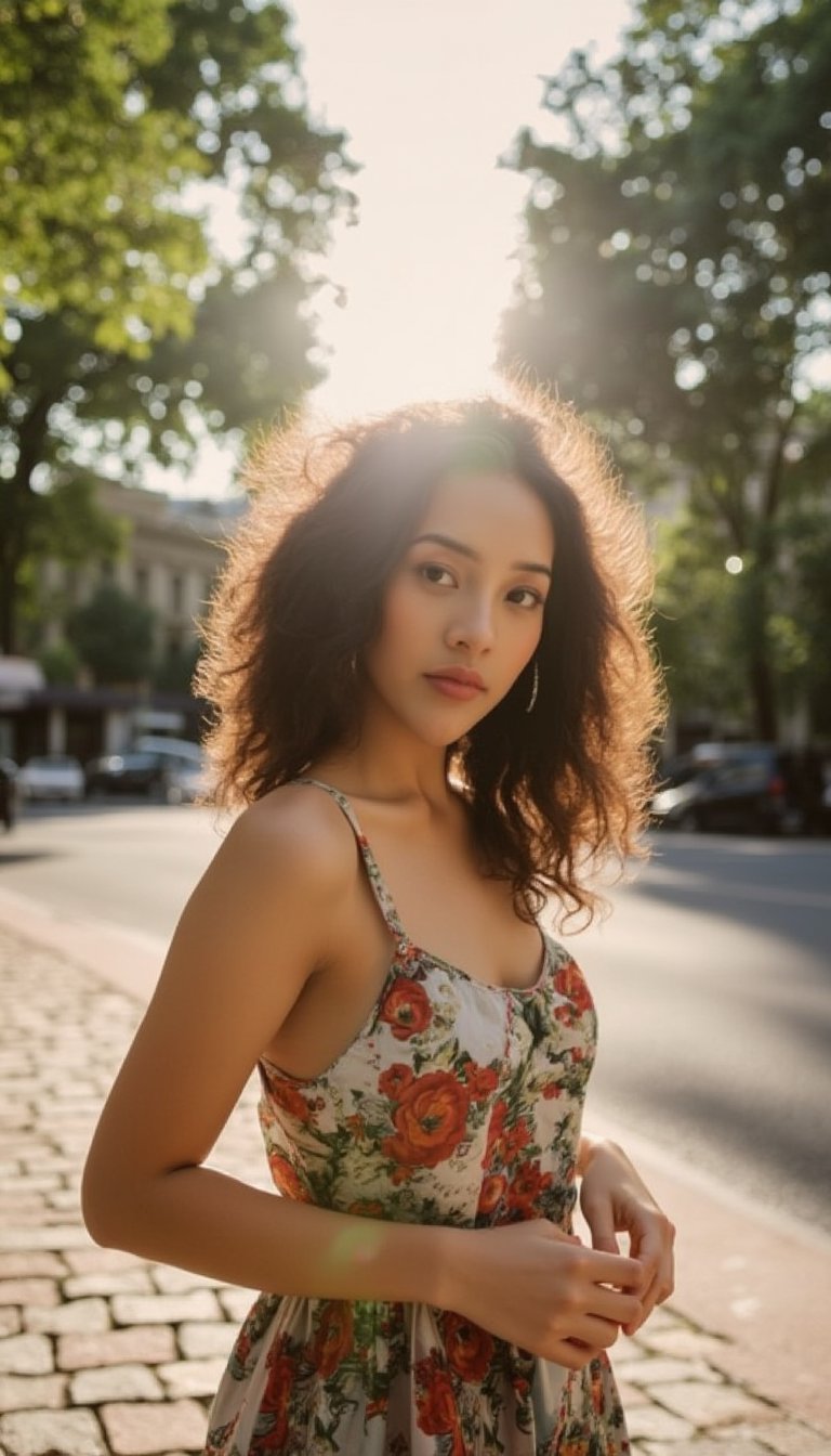 a young woman wearing sundress on afternoon, paris 