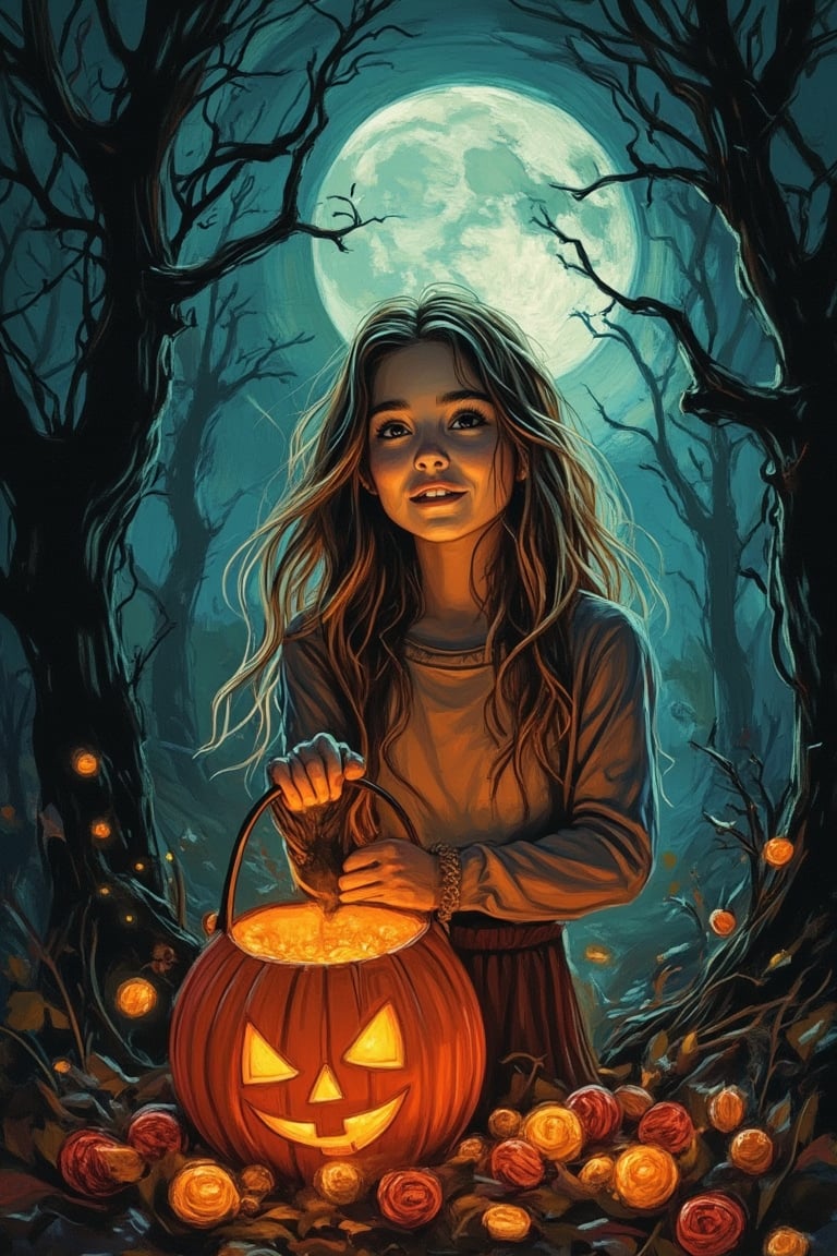 A spooky art drawing of a girl surrounded by candy, holding a Halloween bucket. She stands in a dimly lit, eerie forest, with twisted trees and a full moon overhead. The candy is scattered around her, glowing faintly in the dark. Her expression is one of excitement and wonder, contrasting with the spooky setting. The composition is centered, with the girl in the foreground and the forest in the background, emphasizing the Halloween theme.